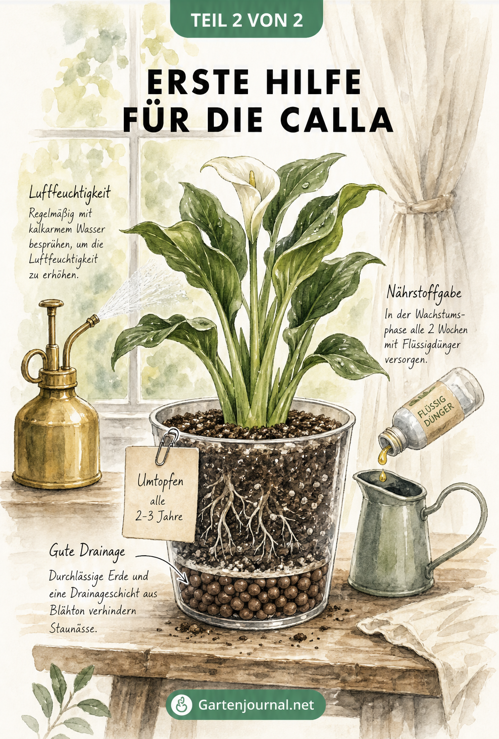 Illustration einer gesunden Calla auf einem Pflanztisch mit Hinweisen zur optimalen Pflege wie indirektem Licht, Besprühen, Drainage und Düngen.