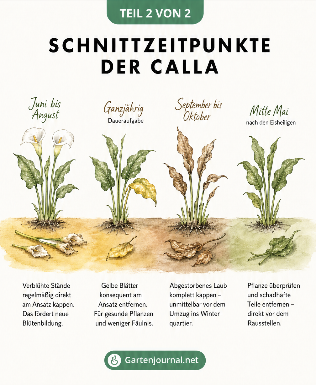 Aquarell-Farbstreifen mit vier Calla-Pflanzen, der die Schnittzeitpunkte im Jahresverlauf von Juni bis Mai darstellt.
