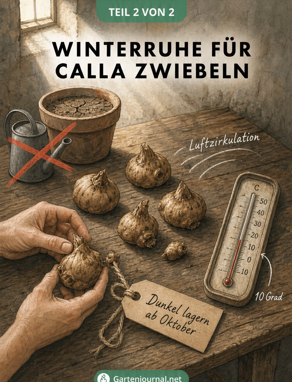 Skizze von Calla-Zwiebeln auf einem Holztisch bei 10 Grad zur Überwinterung