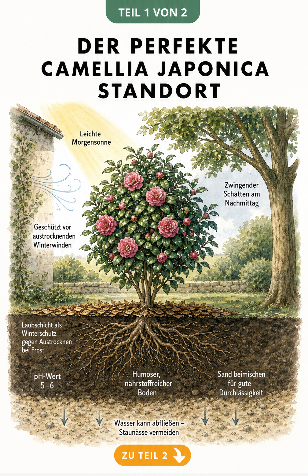 Botanische Schnittzeichnung eines idealen Standorts für Camellia japonica mit Lichtverhältnissen, Windschutz und Bodenbeschaffenheit