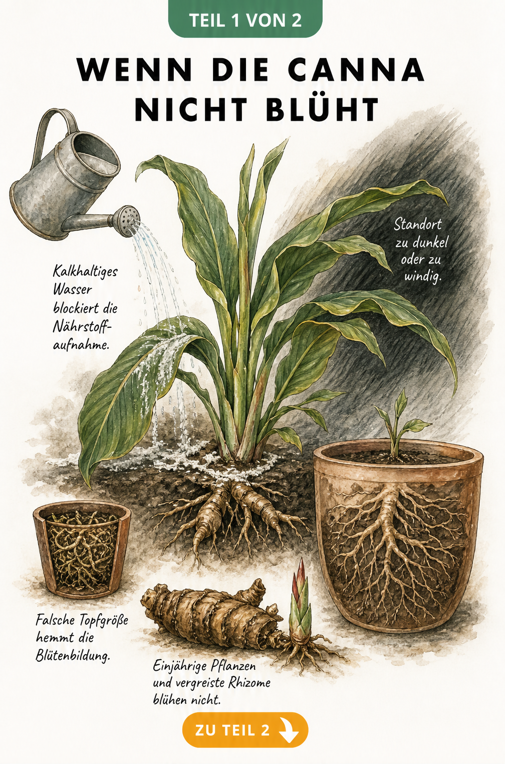 Botanische Illustration einer Canna ohne Blüten, die Ursachen wie falsche Topfgröße, vergreiste Rhizome, kalkhaltiges Wasser und zu dunklen Standort zeigt.