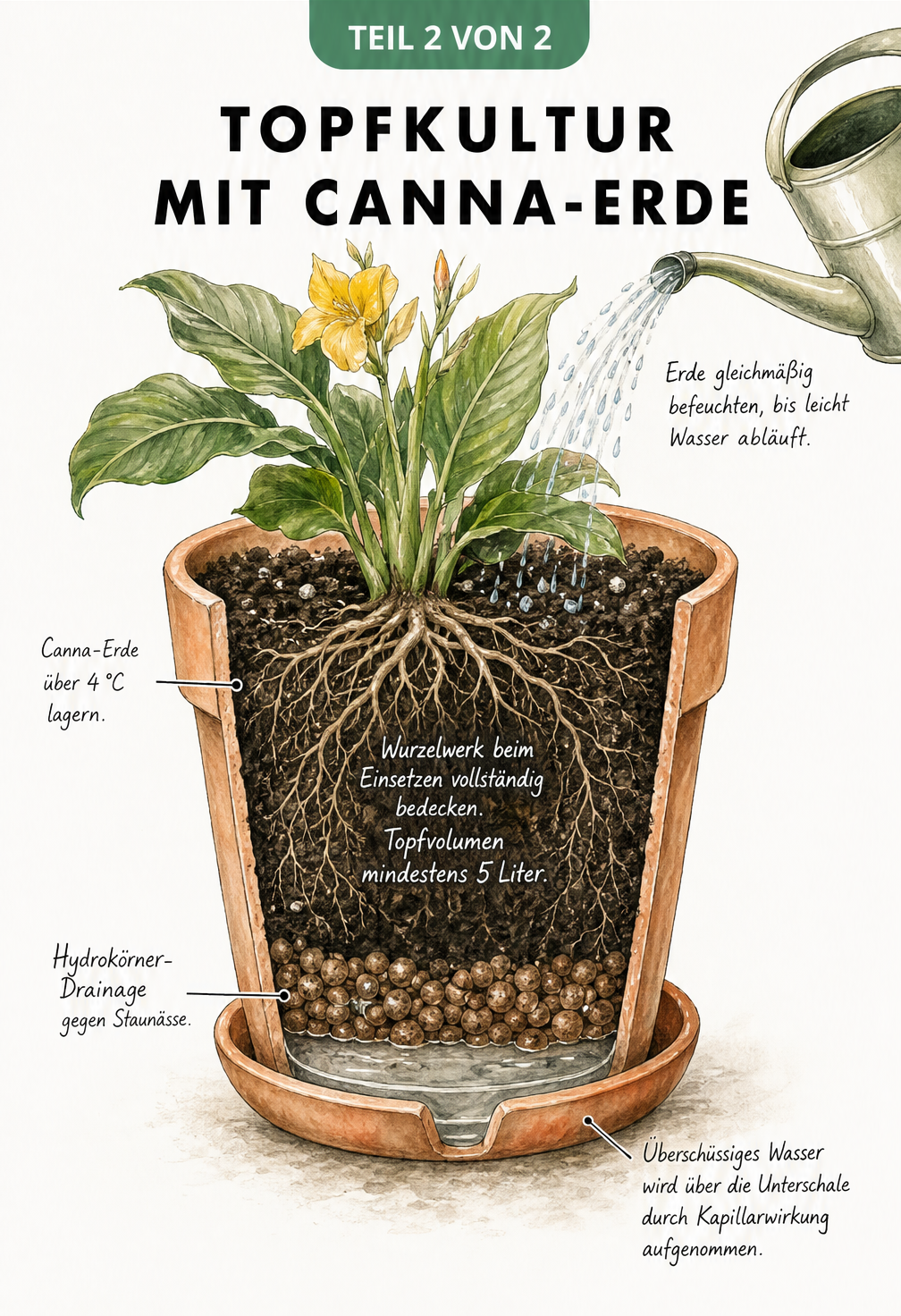 Querschnitt eines bepflanzten Terrakottatopfs mit Canna-Erde, Hydrokörner-Drainage und Unterschale zur Wasseraufnahme.