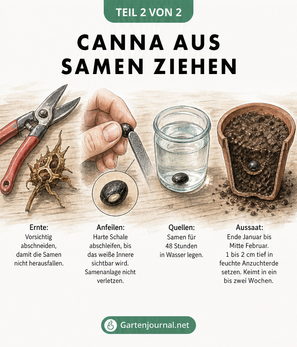 Illustration der vier Schritte zur Canna-Aussaat: Ernte der Fruchtkapsel, Anfeilen der Samen, Quellen im Wasser und Aussaat in Anzuchterde