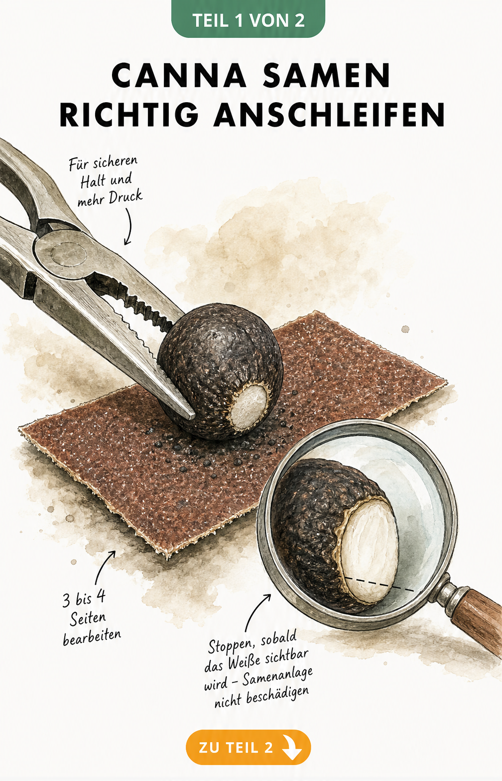 Illustration eines Canna-Samens, der mit einer Spitzzange gehalten und auf Schleifpapier angeraut wird, mit Lupenansicht der Samenschale