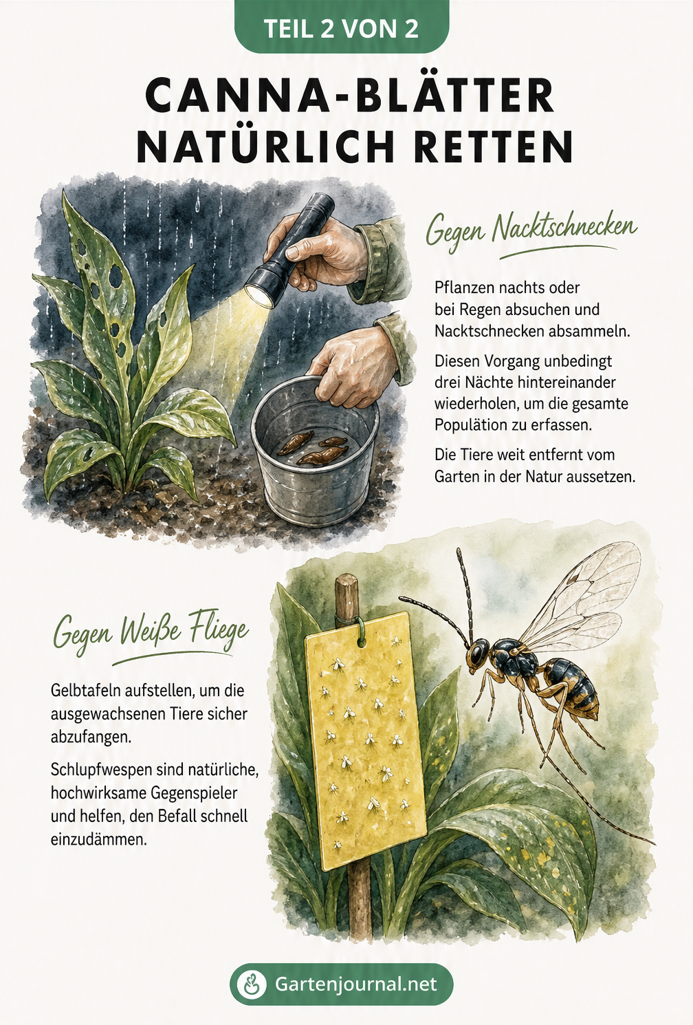 Illustration zur natürlichen Schädlingsbekämpfung bei Canna: Schnecken nachts absammeln und Weiße Fliegen mit Gelbtafeln sowie Schlupfwespen bekämpfen.