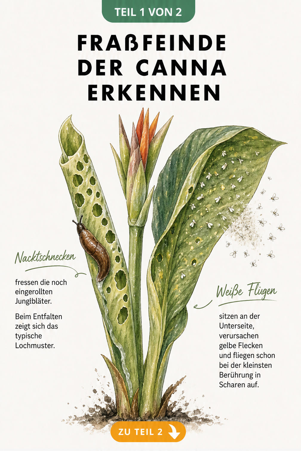 Botanische Illustration eines Canna-Triebs mit Fraßlöchern von Nacktschnecken an jungen Blättern und Weißen Fliegen an der Blattunterseite.