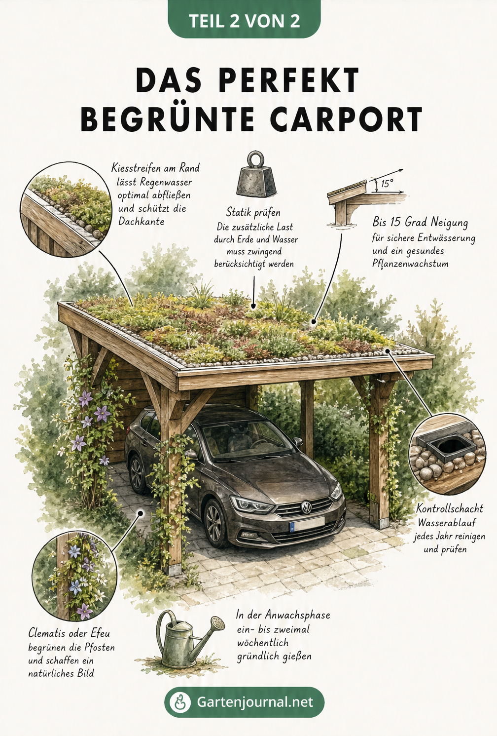 Illustration eines begrünten Holz-Carports mit Details zu Kiesstreifen, Dachneigung, Kontrollschacht, Kletterpflanzen, Statikprüfung und Bewässerung