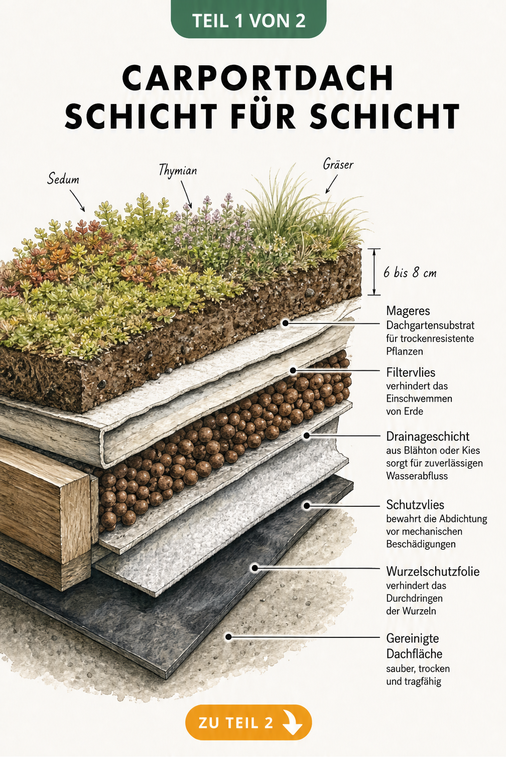 Querschnitt eines Carportdachs mit den Schichten Wurzelschutzfolie, Schutzvlies, Drainageschicht, Filtervlies, Dachgartensubstrat und Pflanzen