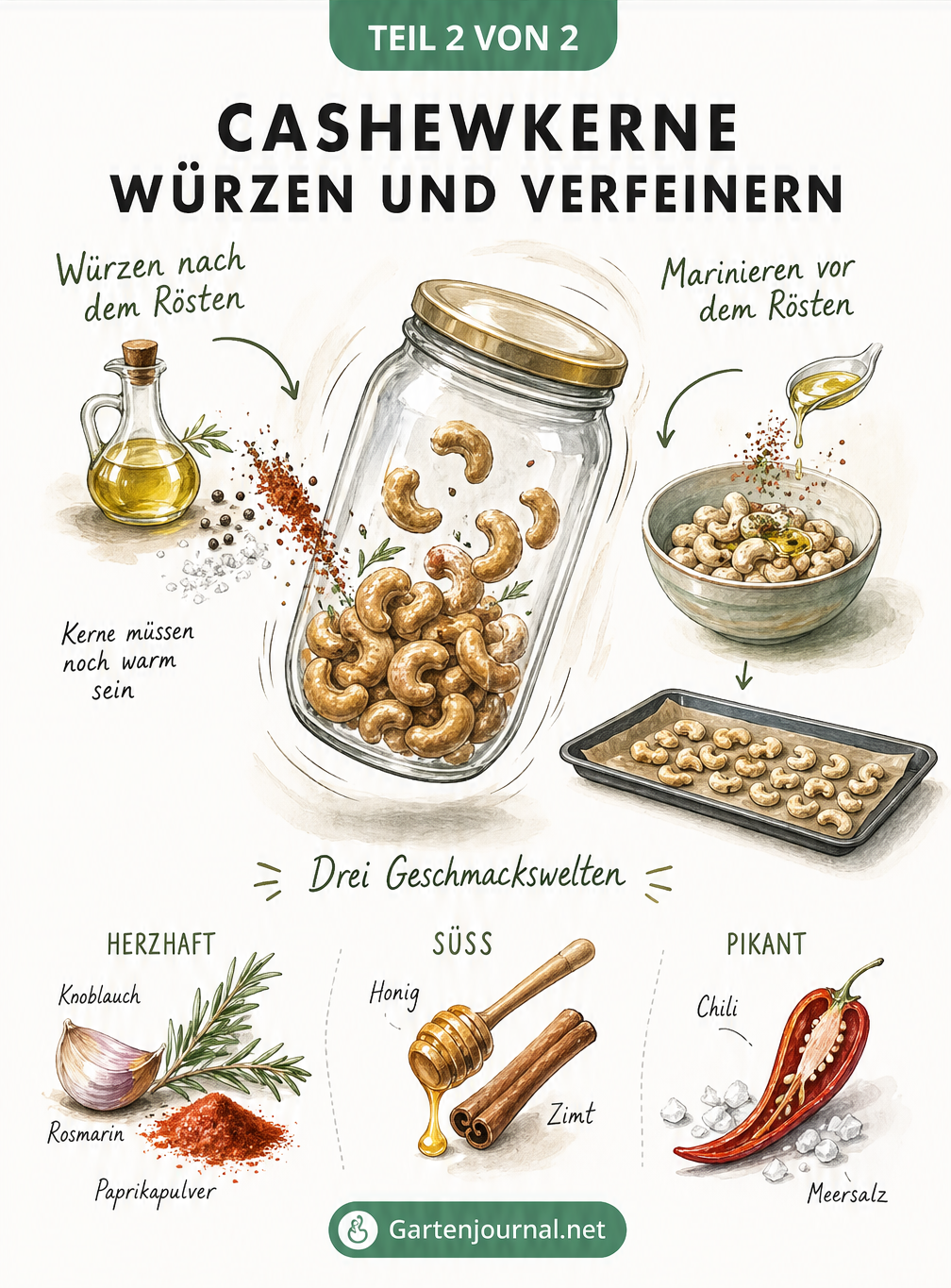Illustration verschiedener Gewürzkombinationen für Cashewkerne: herzhaft, süß und pikant.