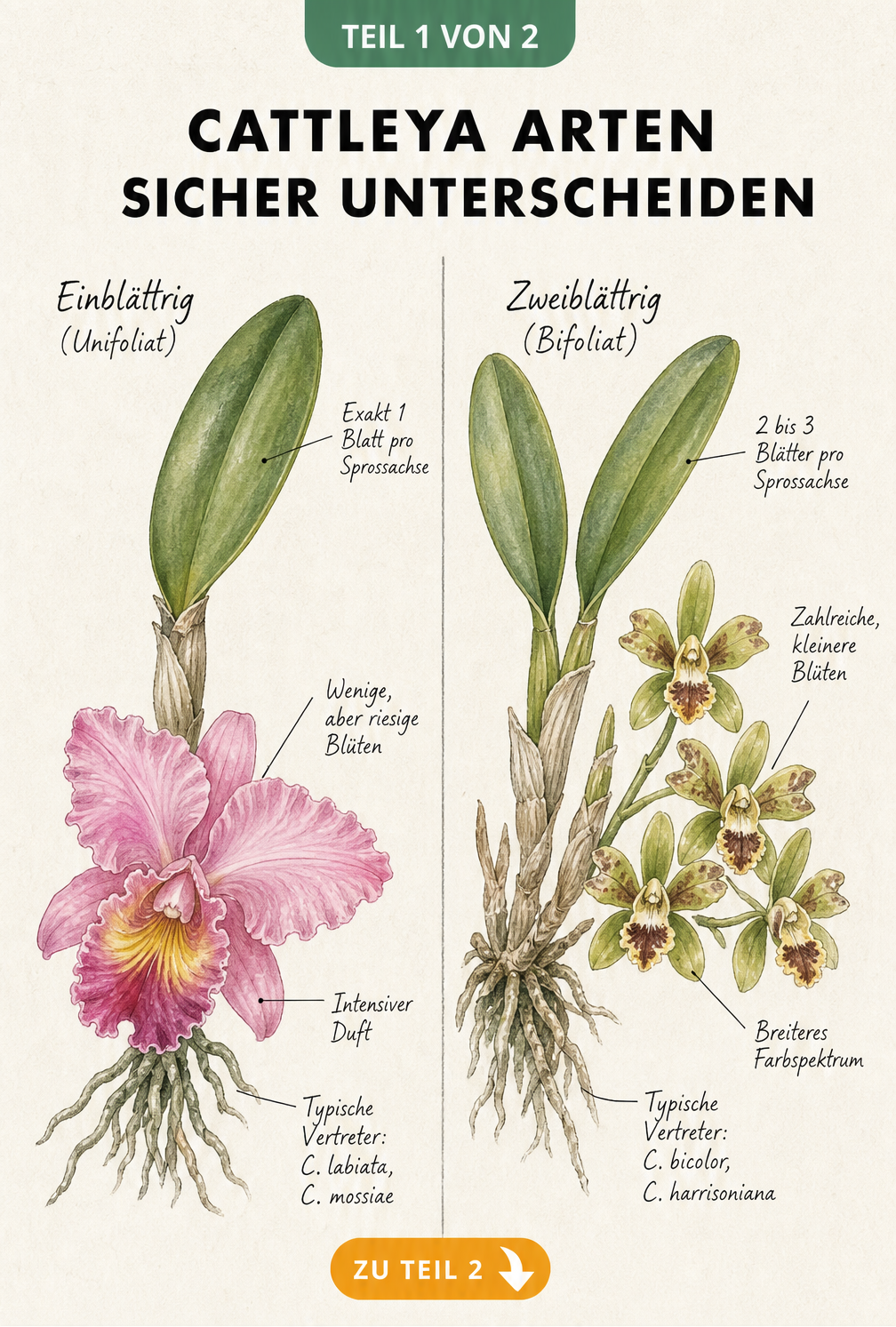 Botanische Illustration einer einblättrigen und zweiblättrigen Cattleya Orchidee mit Notizen zu Blüten und Blättern
