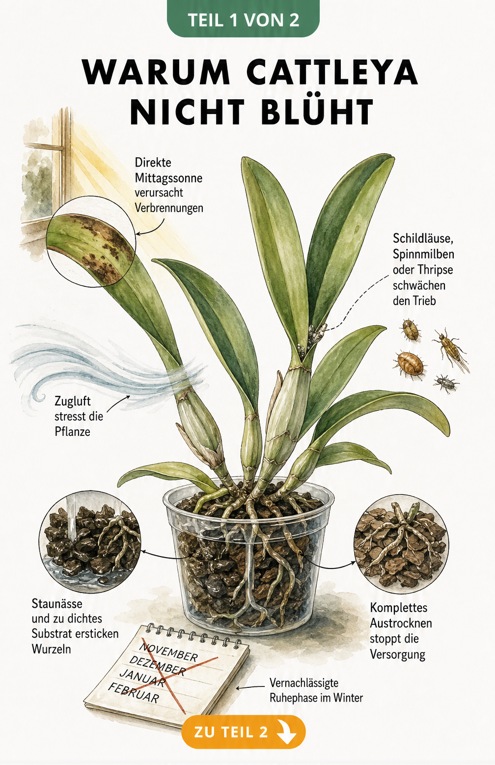 Illustration einer Cattleya-Orchidee ohne Blüten, die Ursachen wie direkte Mittagssonne, Zugluft, Schädlinge, Staunässe und eine vernachlässigte Ruhephase...