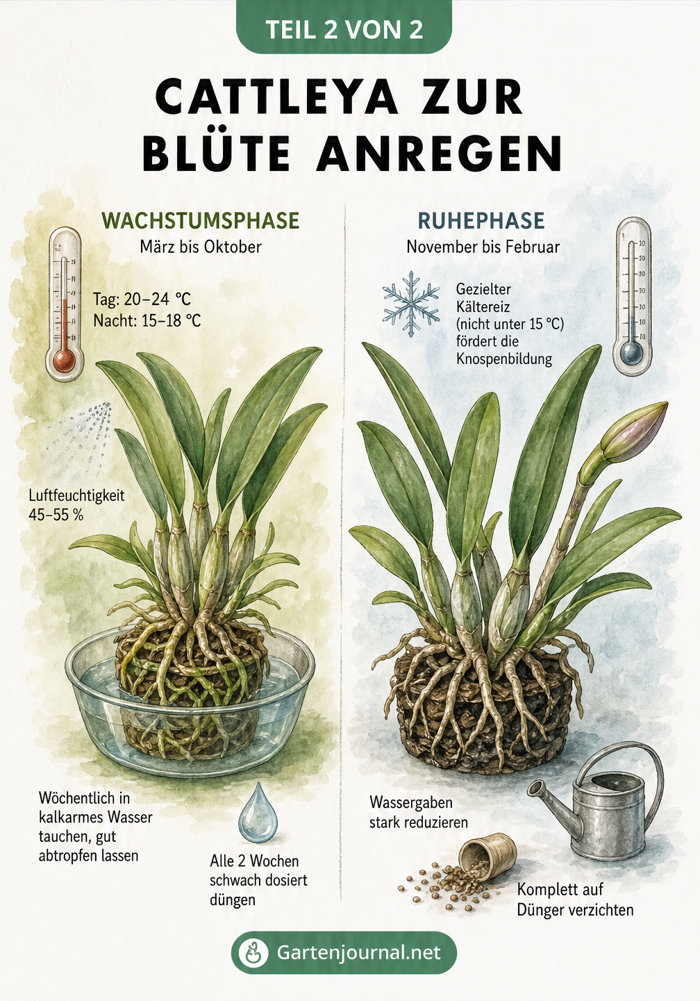 Zweigeteilte Illustration einer Cattleya-Orchidee, die die Unterschiede zwischen der Wachstumsphase mit Wärme und Feuchtigkeit und der kühleren, trockeneren...