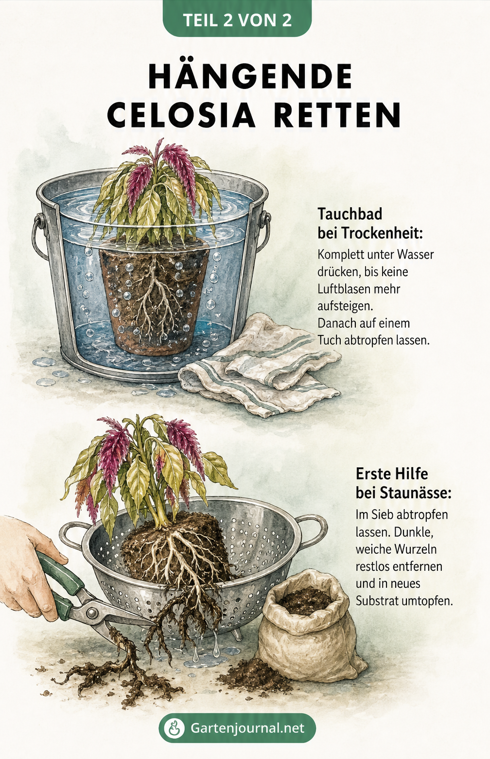 Illustration zur Rettung einer Celosia: Tauchbad bei Trockenheit und Wurzelpflege bei Staunässe.