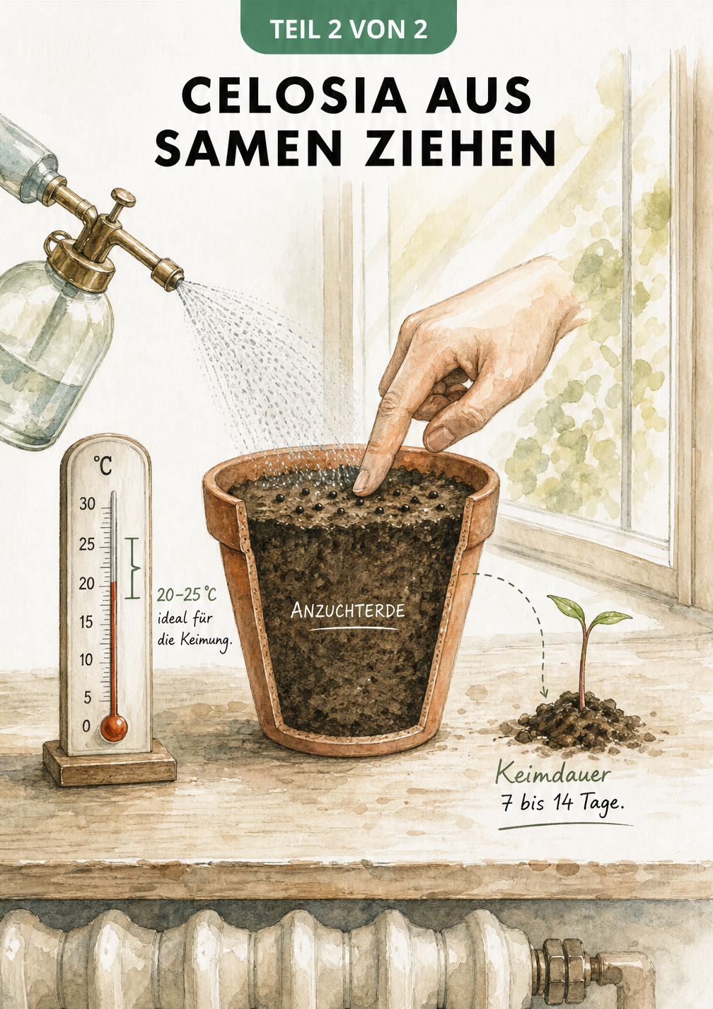 Skizze eines Terrakotta-Topfes mit Anzuchterde, in den Celosia-Samen gesät und befeuchtet werden.