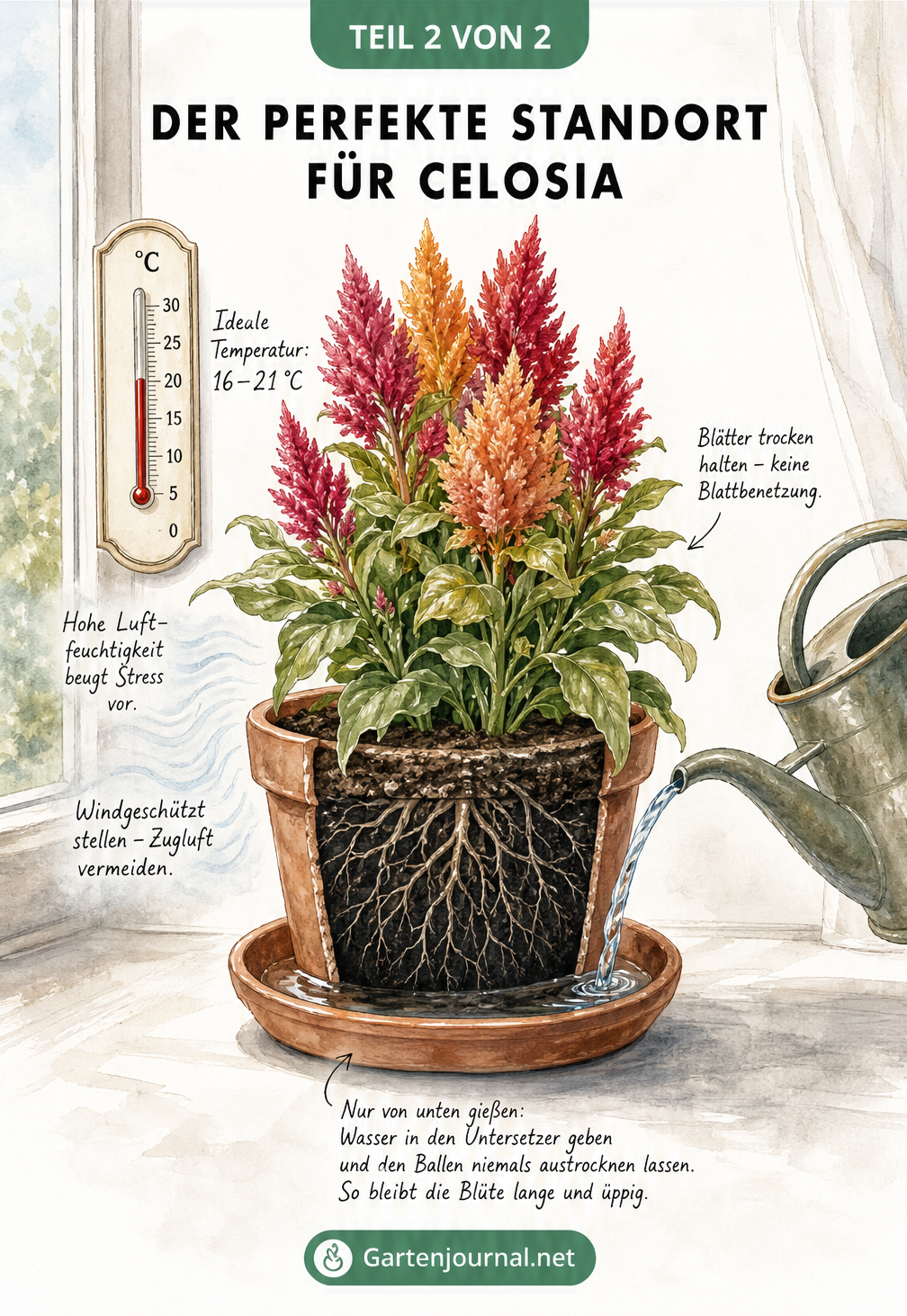 Aquarell-Illustration einer blühenden Celosia im Terrakottatopf mit Thermometer, Gießkanne und Hinweisen zu Temperatur, Luftfeuchtigkeit und Gießen von unten