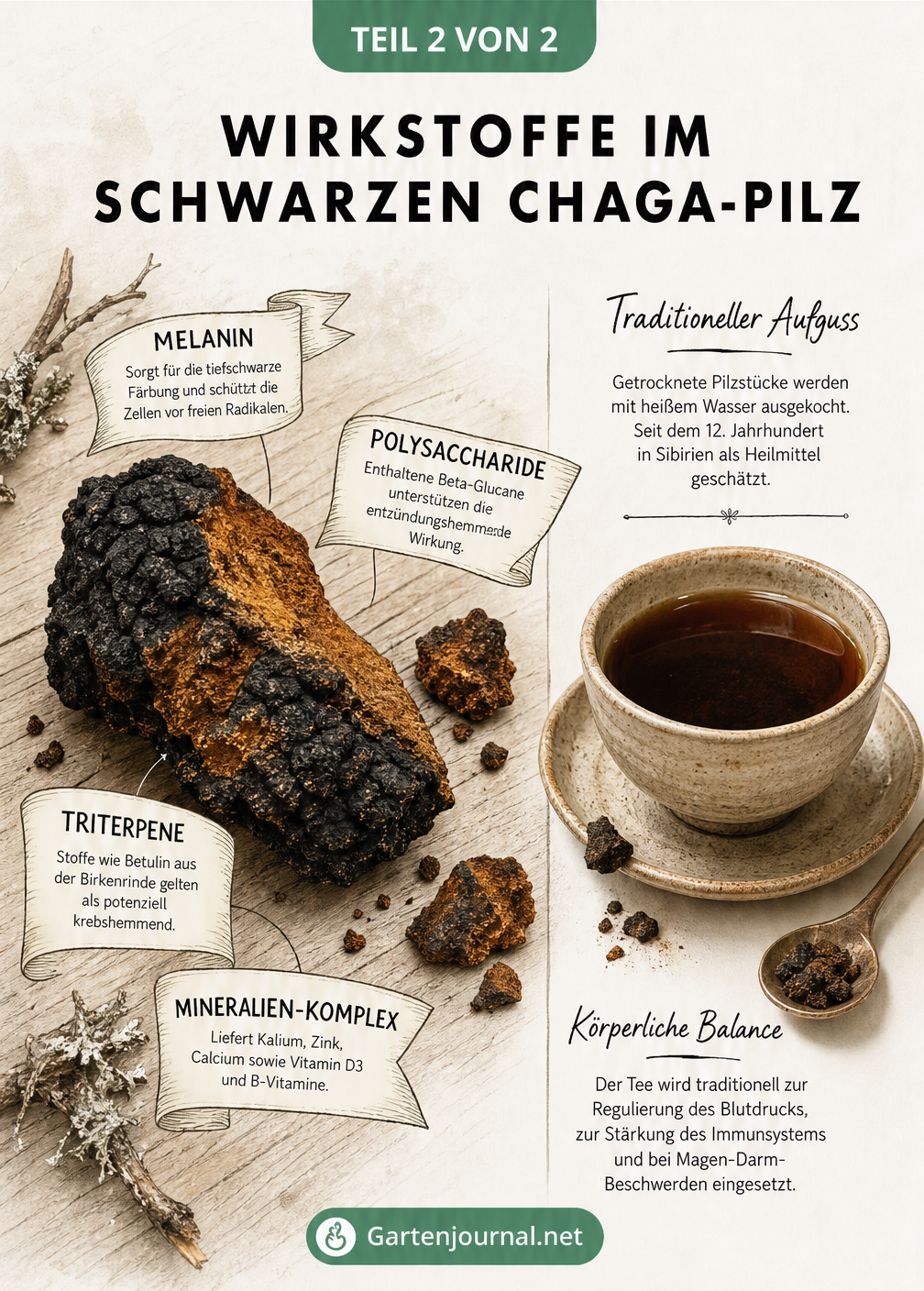 Illustration eines getrockneten Chaga-Stücks neben einer Schale Tee mit Erklärungen zu Inhaltsstoffen wie Melanin und Polysacchariden.