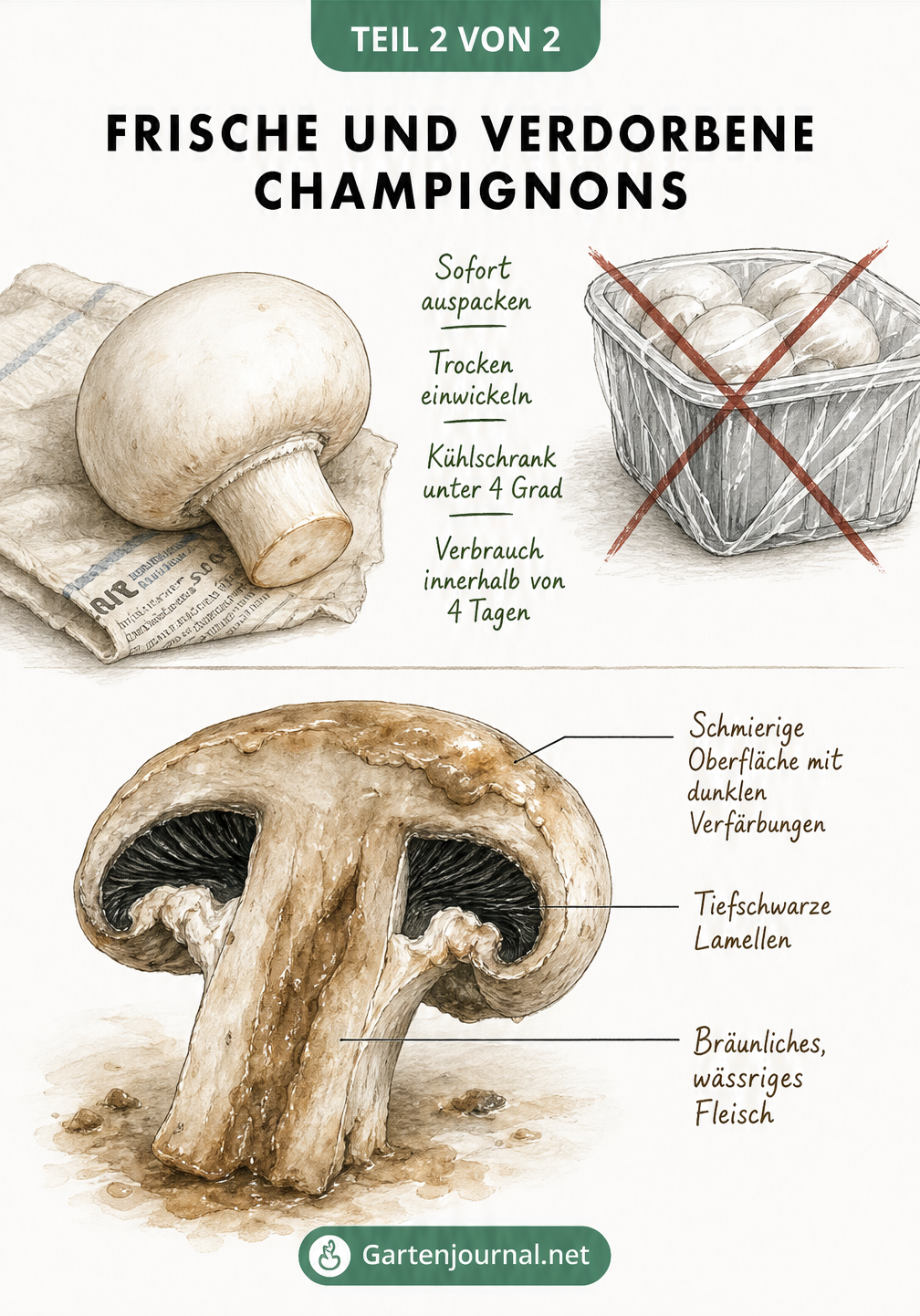 Illustration zur richtigen Lagerung von Champignons und den Merkmalen verdorbener Pilze