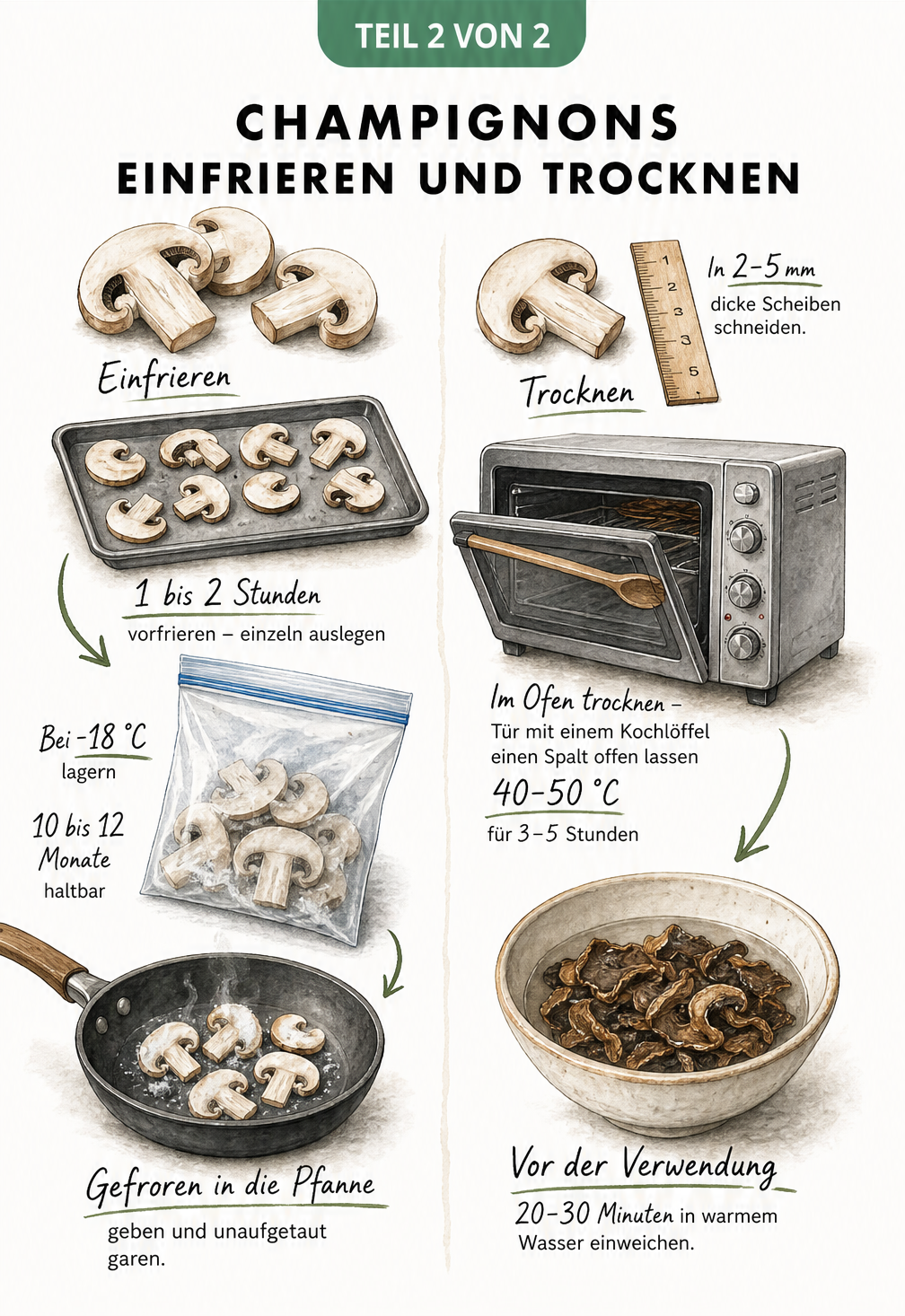 Zweigeteilte Illustration, die das Einfrieren von Champignons in Scheiben und das Trocknen im Backofen bei 40 bis 50 Grad zeigt.