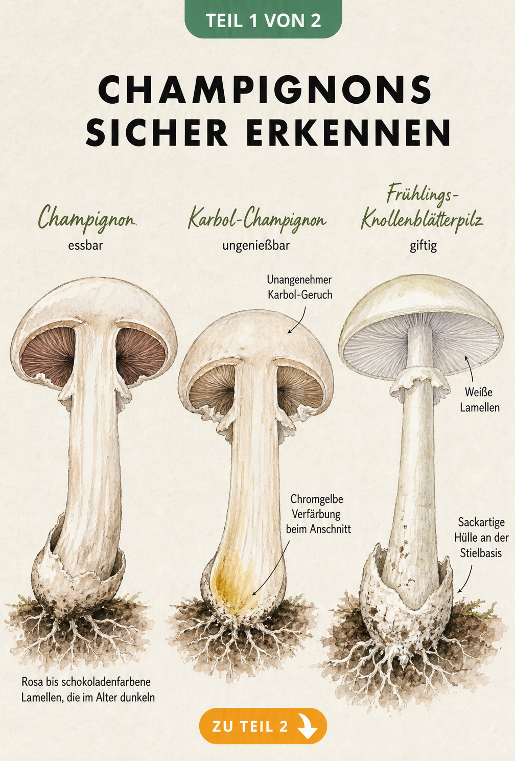 Botanische Lehrtafel mit Längsschnitten von essbarem Champignon, Karbol-Champignon und Frühlings-Knollenblätterpilz zur Unterscheidung