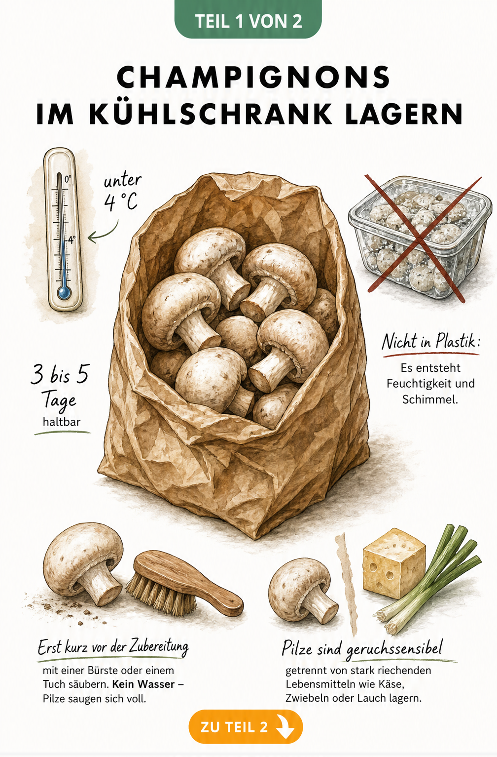 Illustration einer Papiertüte mit frischen Champignons, einem Thermometer unter 4 Grad und Hinweisen zur Lagerung im Kühlschrank.