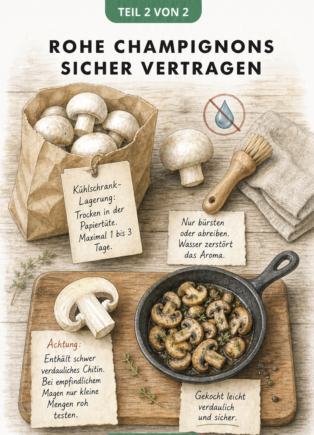 Illustration zur richtigen Lagerung und Zubereitung von Champignons in der Küche