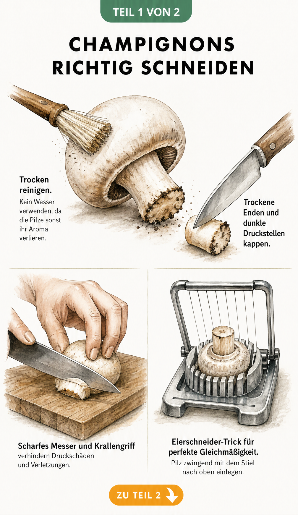 Illustration: Champignons trocken reinigen, Stielende abschneiden und mit Krallengriff oder Eierschneider zerkleinern.