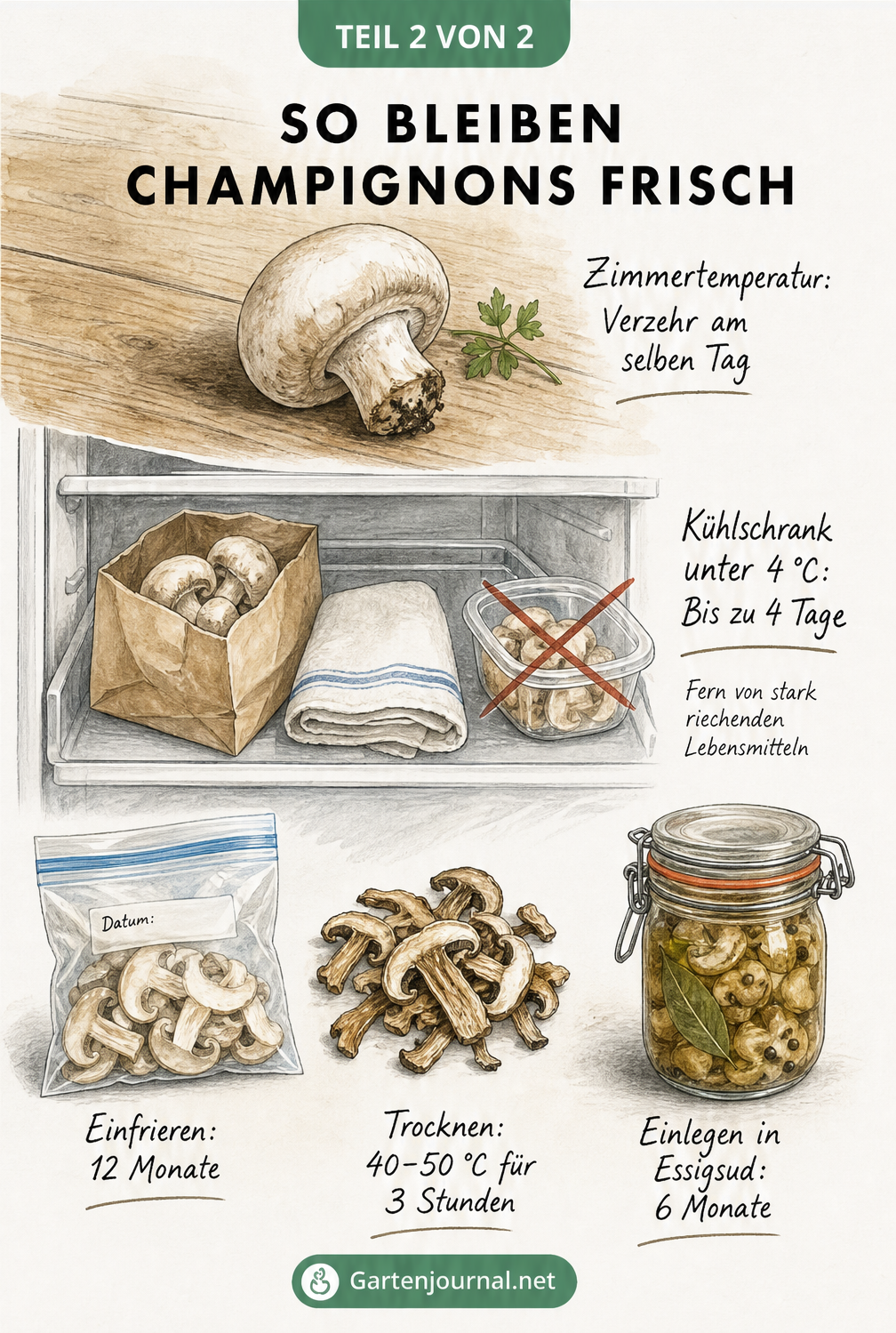 Übersicht zur Lagerung von Champignons: Zimmertemperatur, Kühlschrank in Papiertüte, Einfrieren, Trocknen und Einlegen in Essigsud.