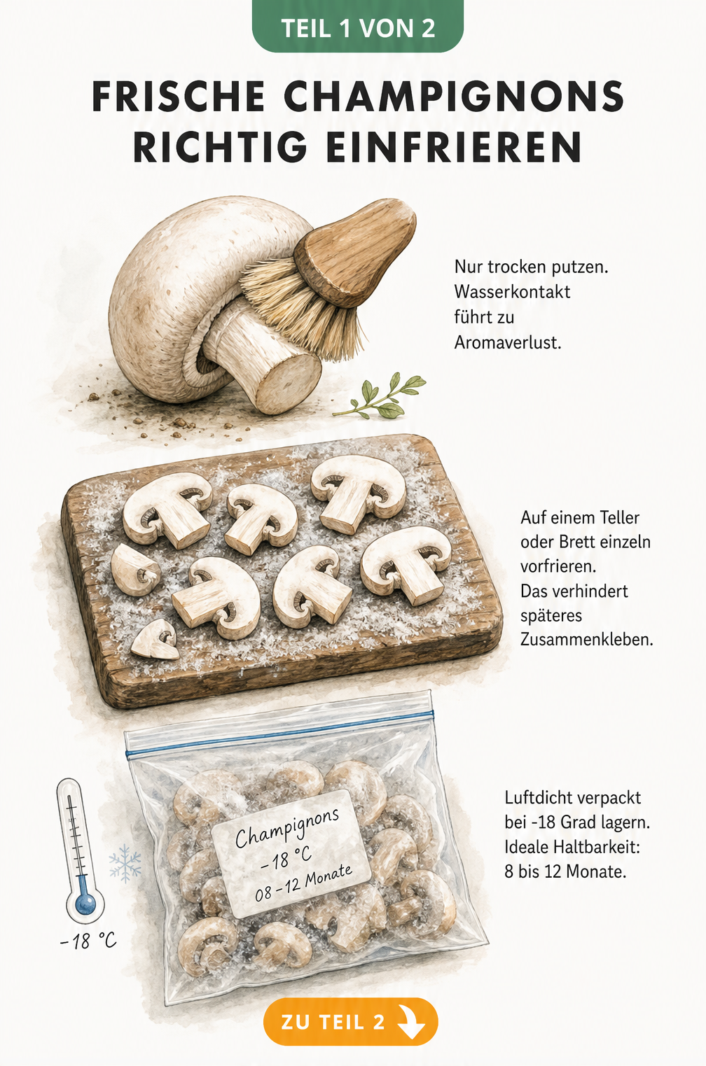 Illustration von frischen Champignons, die geputzt, geschnitten und in einem Gefrierbeutel bei -18 Grad eingefroren werden.