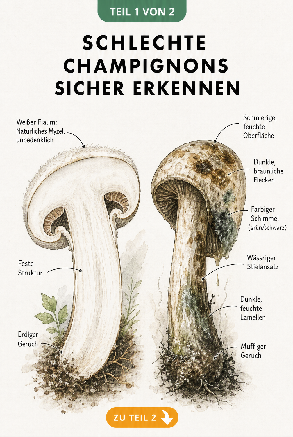 Illustration zweier Champignons im Vergleich: Ein frischer Pilz mit weißem Flaum und ein verdorbener Pilz mit dunklen Flecken und schmieriger Oberfläche.