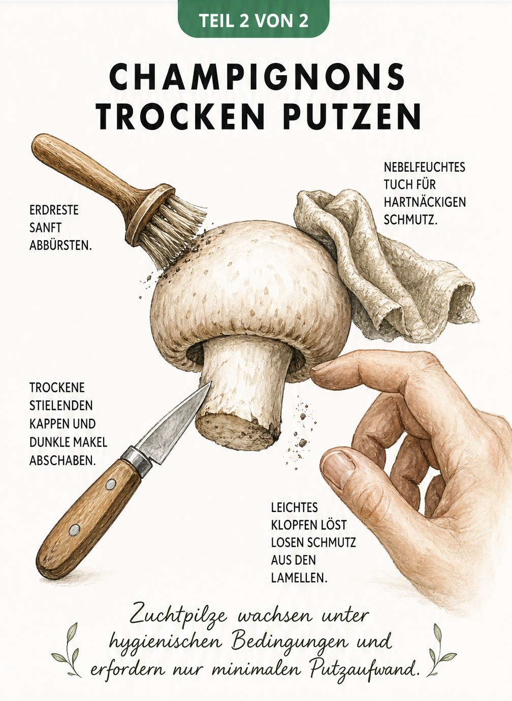 Vintage-Illustration eines Champignons mit Küchenwerkzeugen wie Pilzbürste, Leinentuch und Messer zur trockenen Reinigung.
