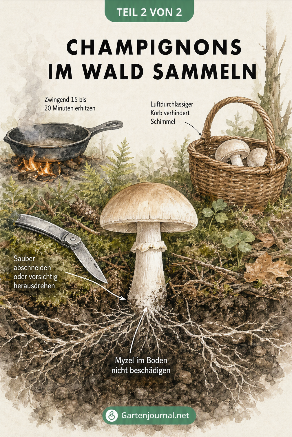 Querschnitt eines Waldbodens mit Champignon, Taschenmesser, Weidenkorb und Pfanne als Anleitung zum Pilzesammeln