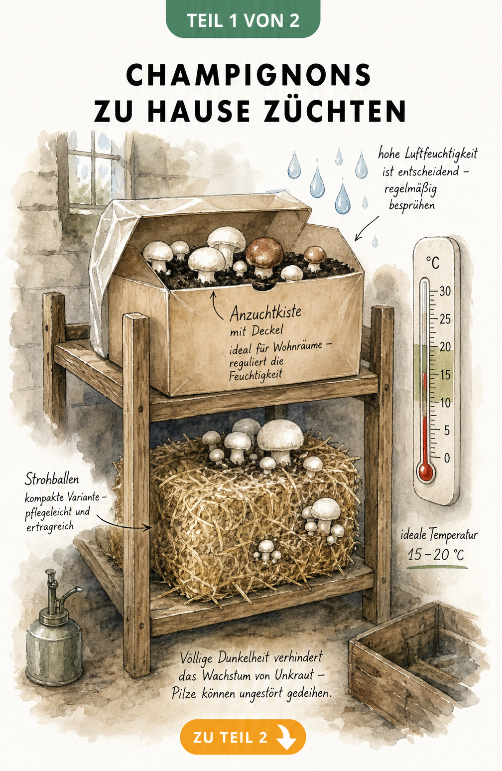 Illustration eines kühlen Kellerraums mit Holzregal, auf dem Champignons in einer Anzuchtkiste und auf einem Strohballen wachsen, inklusive Thermometer für 15...