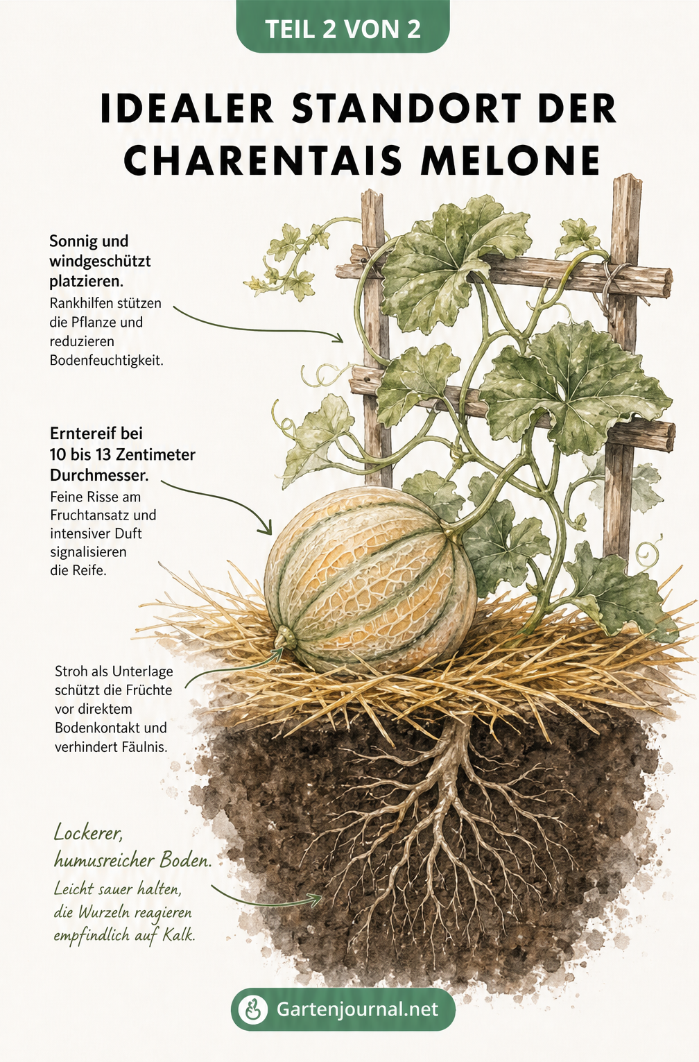 Illustration einer Charentais-Melonenpflanze mit Wurzeln, Strohunterlage, Rankgitter und reifer Frucht