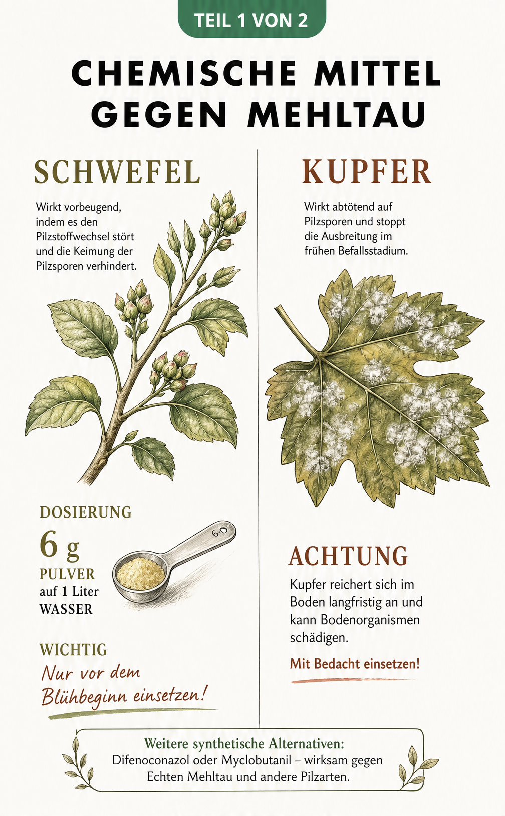 Botanische Lehrtafel im Vintage-Stil, die chemische Mittel gegen Mehltau wie Schwefel und Kupfer zeigt