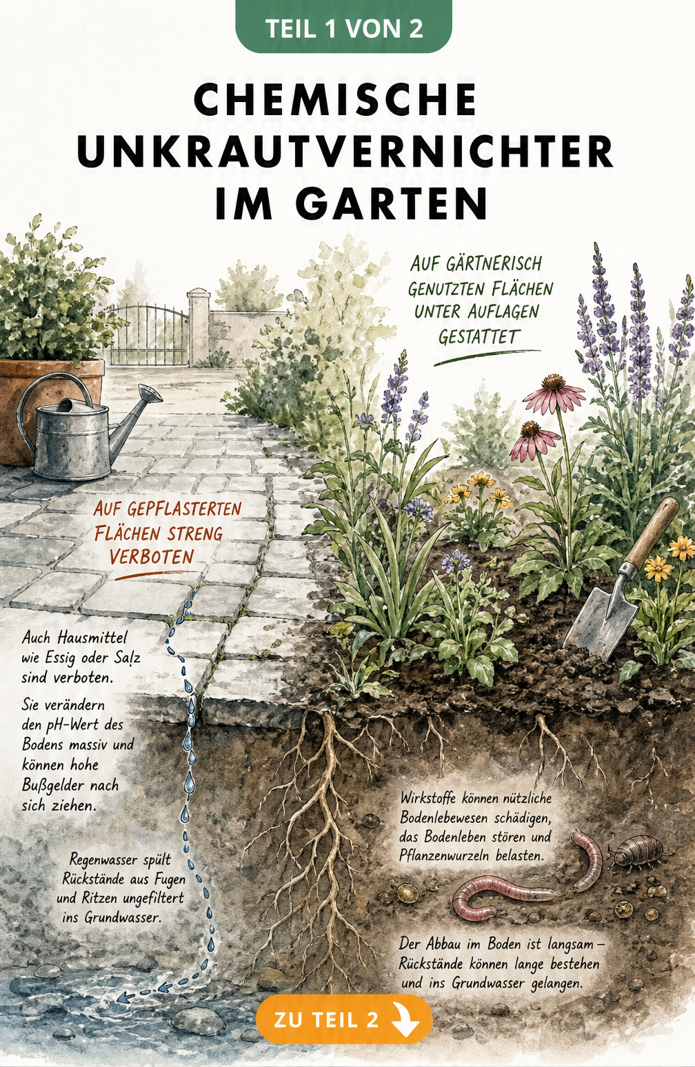 Querschnitt einer Gartenlandschaft, die den erlaubten Einsatz von Herbiziden im Beet und das Verbot auf gepflasterten Flächen zeigt.