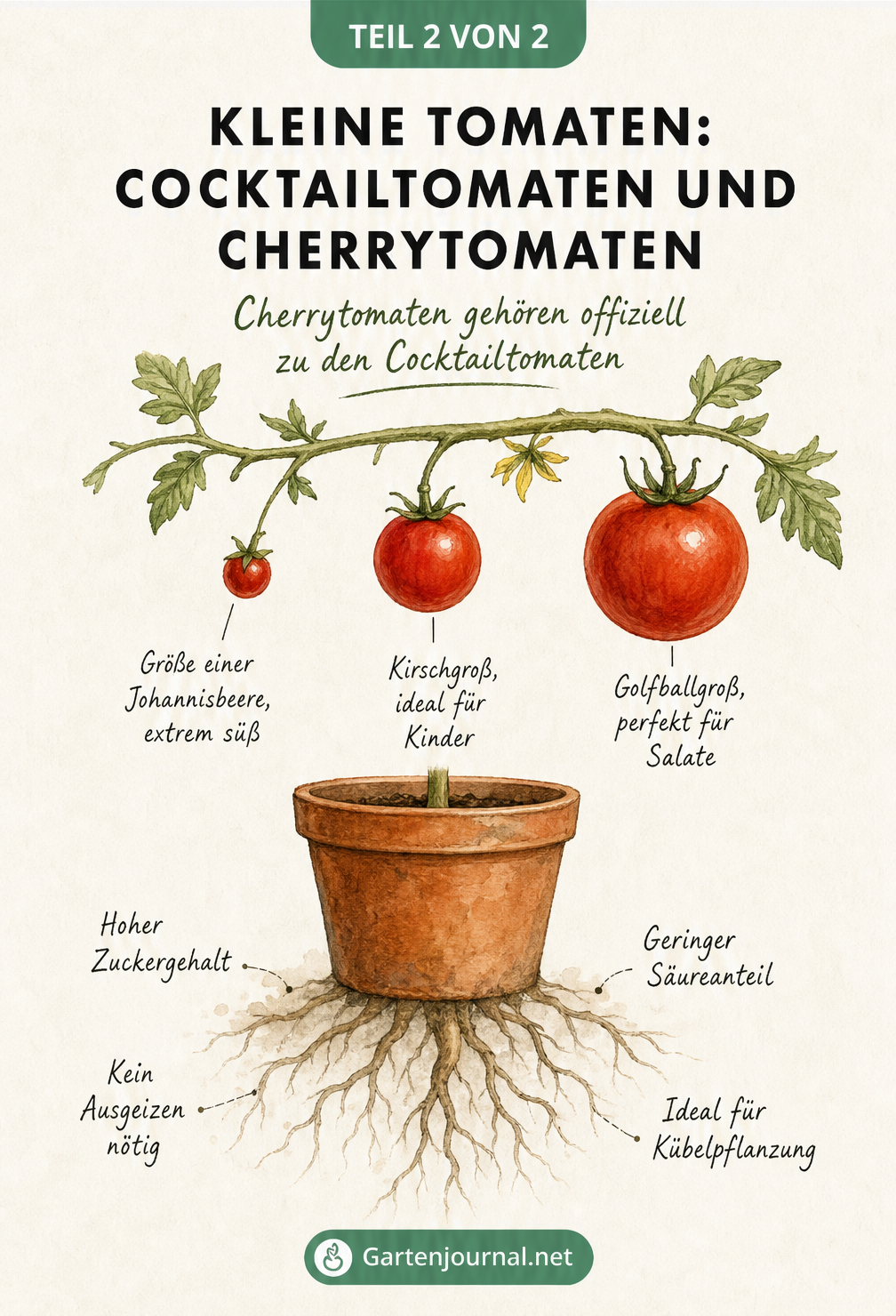 Schaubild zur botanischen Einordnung von Cherrytomaten als Unterart der Cocktailtomaten mit gemeinsamen Eigenschaften