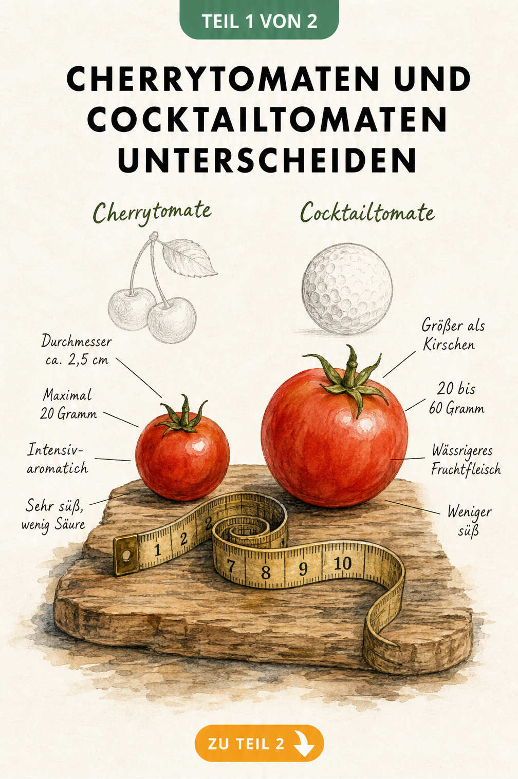 Botanische Illustration von Cherrytomate und Cocktailtomate mit Größenvergleich und Eigenschaften