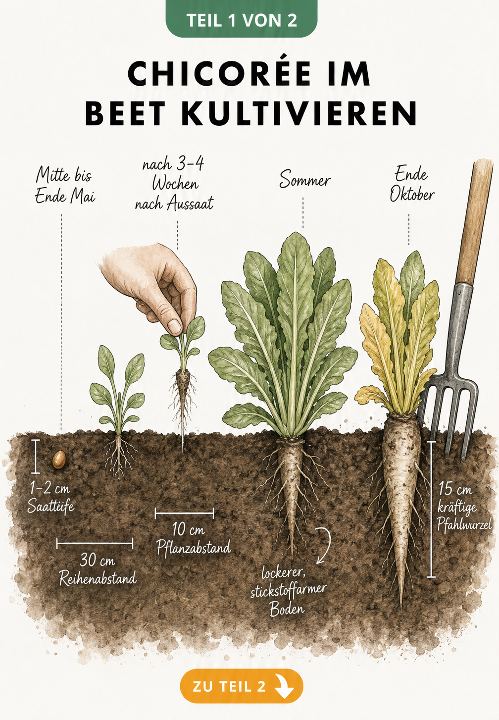 Illustration der Entwicklung von Chicorée im Beet von der Aussaat bis zur Ernte der Wurzel