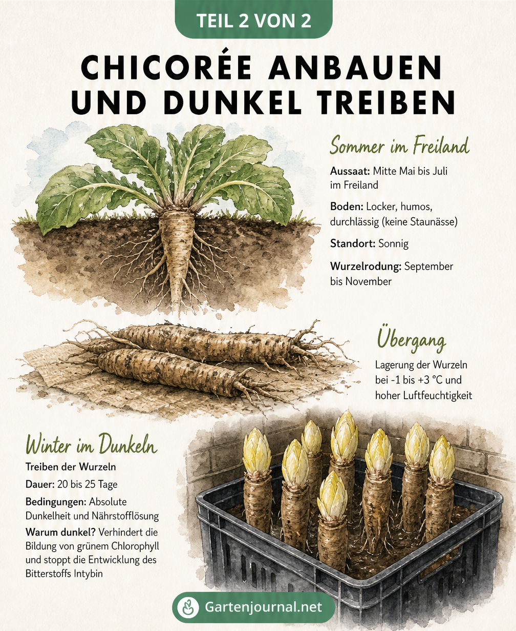 Botanische Illustration des Chicorée-Anbaus, die das Wachstum im Freiland und das Treiben der Wurzeln im Dunkeln zeigt