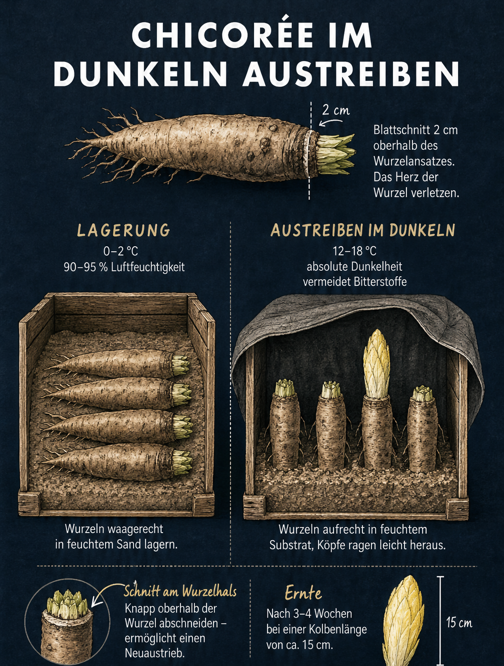 Illustration der Chicorée-Lagerung in feuchtem Sand und des Austriebs der Kolben in absoluter Dunkelheit.