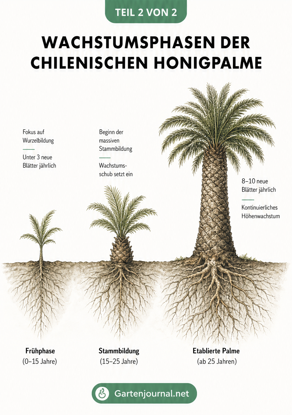 Zeichnung der Wachstumsphasen der Chilenischen Honigpalme von der Frühphase über die Stammbildung bis zur etablierten Palme