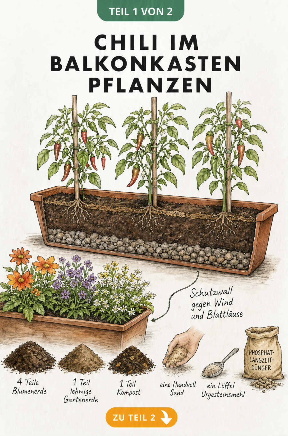 Querschnitt eines Balkonkastens mit drei Chilipflanzen, Drainage und Substratmischung