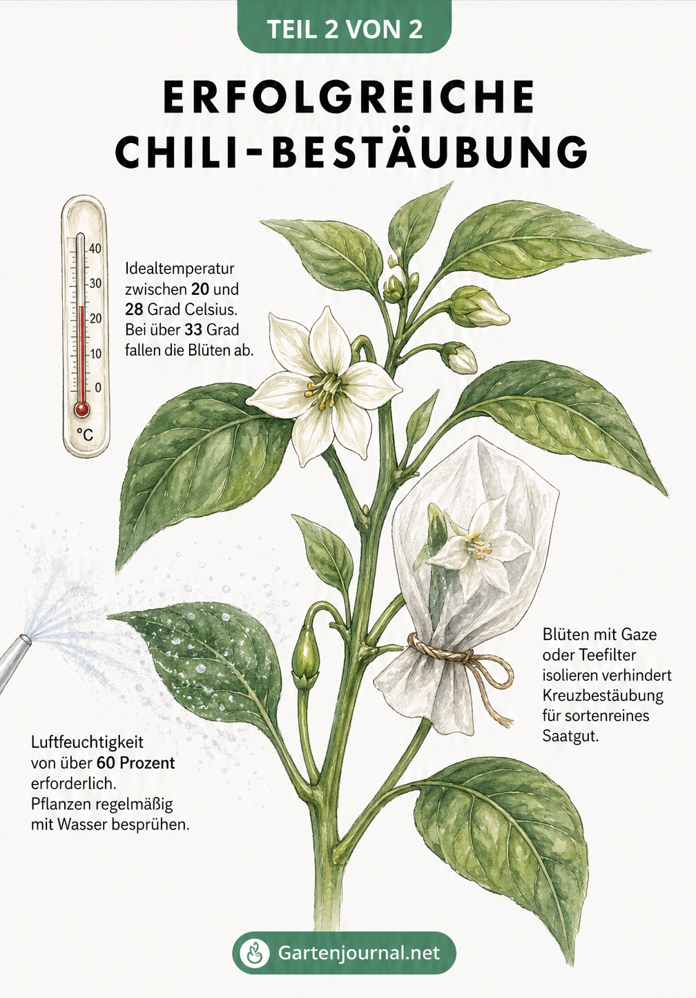 Illustration eines Chili-Zweigs mit Blüten, Thermometer für Idealtemperatur, Wassernebel für Luftfeuchtigkeit und isolierter Blüte im Teefilter