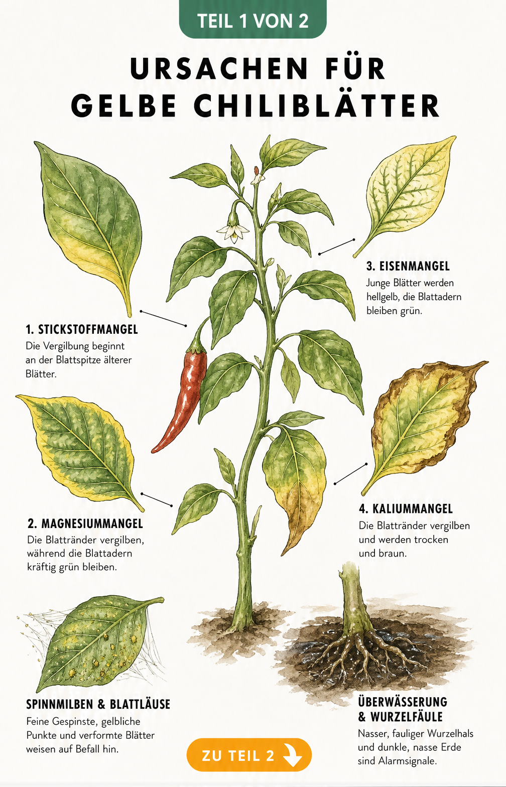 Botanische Illustration eines Chili-Zweigs, die vier Blätter mit spezifischen Nährstoffmängeln wie Stickstoff, Magnesium, Eisen und Kalium zeigt, ergänzt durch...