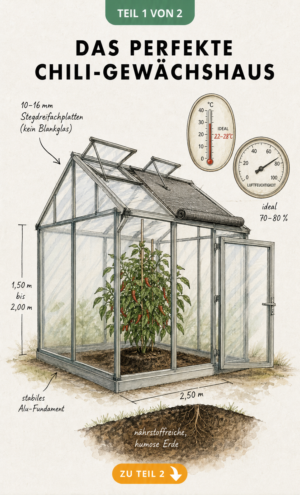 Architekturskizze eines Gewächshauses für Chilis mit Maßangaben, Stegdreifachplatten und Alu-Fundament