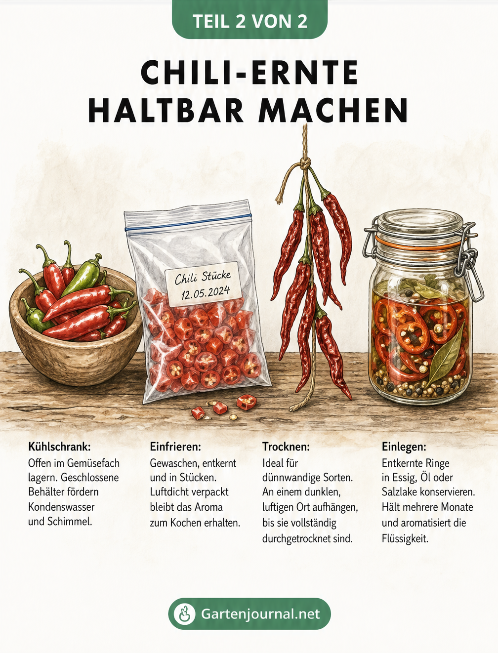 Illustration verschiedener Methoden zur Haltbarmachung von Chilis: offene Lagerung im Kühlschrank, Einfrieren in Stücken, Trocknen an einer Schnur und Einlegen...