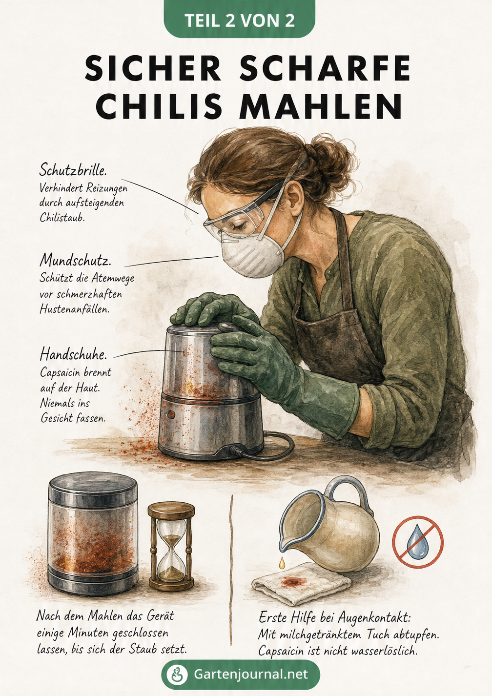 Illustration einer Person mit Schutzbrille, Mundschutz und Handschuhen beim Mahlen von Chilis