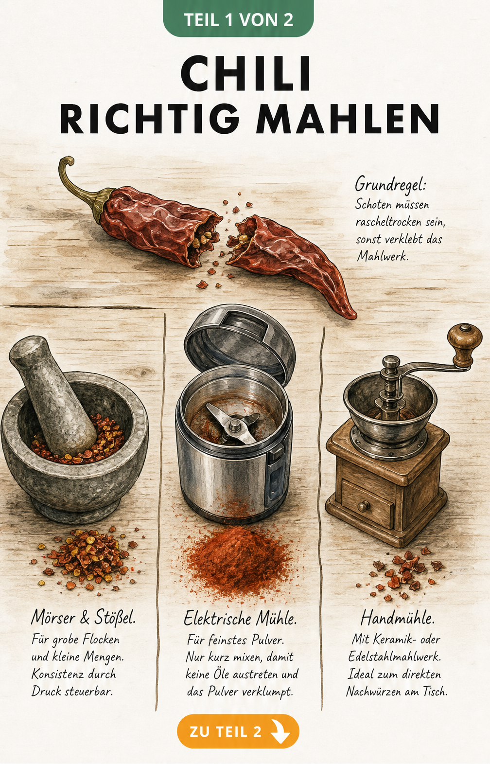 Illustration von Mörser, elektrischer Kaffeemühle und Handmühle zum Mahlen von getrockneten Chilischoten