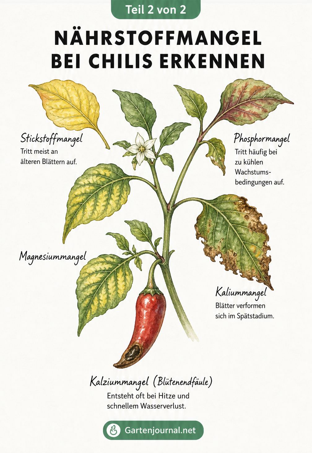 Aquarellzeichnung eines Chili-Zweigs, die Symptome für Stickstoff-, Magnesium-, Phosphor-, Kalium- und Kalziummangel zeigt