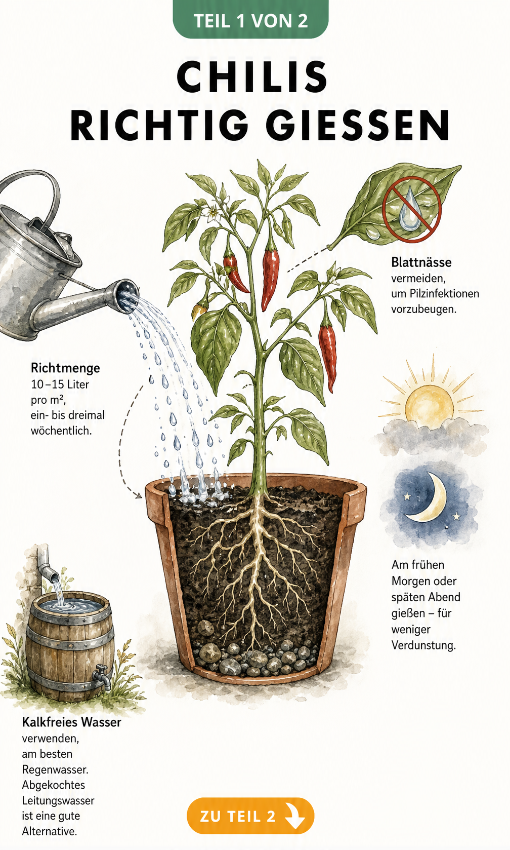 Querschnitt eines Terrakottatopfs mit einer Chilipflanze, die mit Regenwasser aus einer Zinkkanne gegossen wird